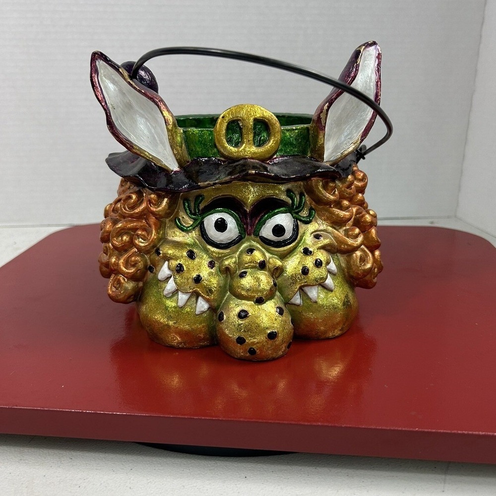 Vintage Metallic Monster Pail OS Gold Whimsical Halloween Decor Kitsch Spooky